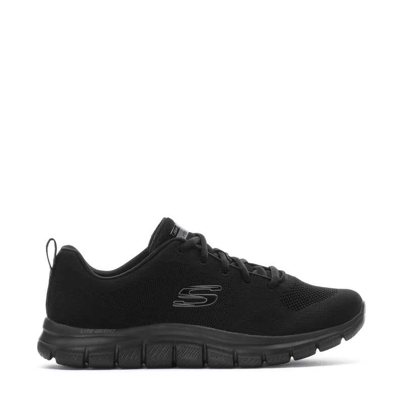 Black womens lace-up athletic sneaker with cushioned rocker sole and side logo