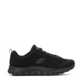 Black womens lace-up athletic sneaker with cushioned rocker sole and side logo