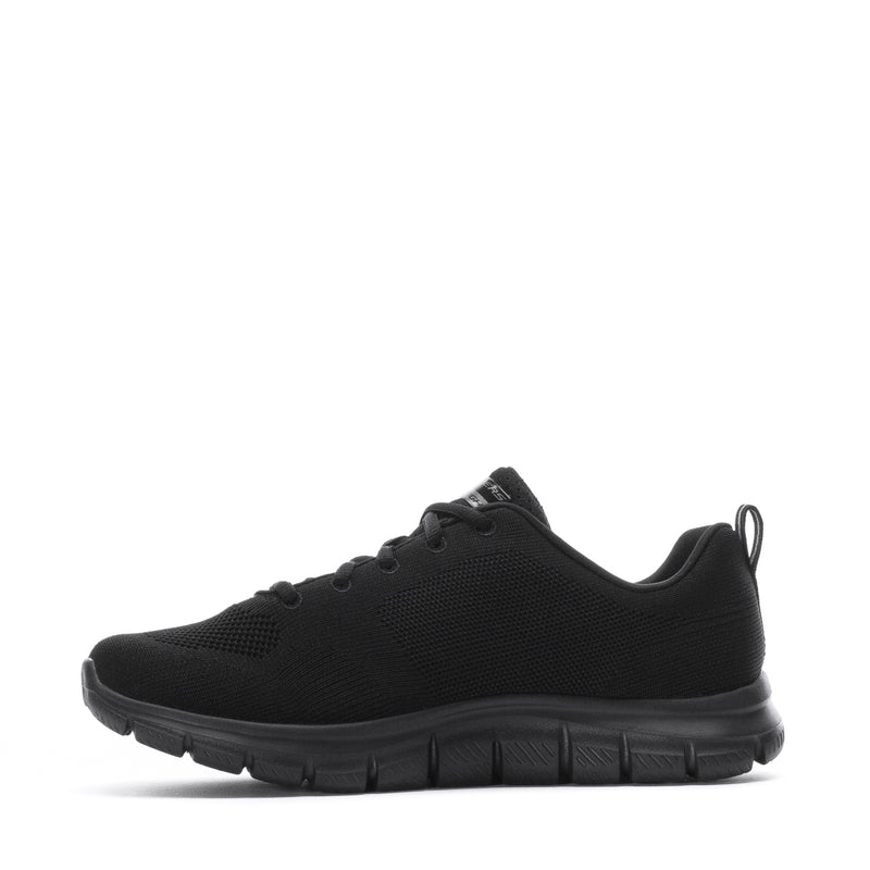 Black womens lace-up athletic sneaker, side view, textured knit upper and rubber sole