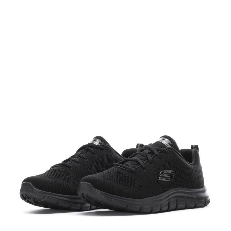 Black womens lace-up athletic sneakers, front view, low profile and padded collar