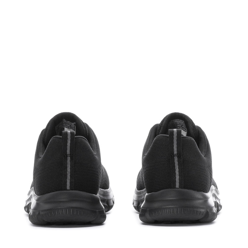 Black womens sneaker back view, padded heel with vertical stripe detail