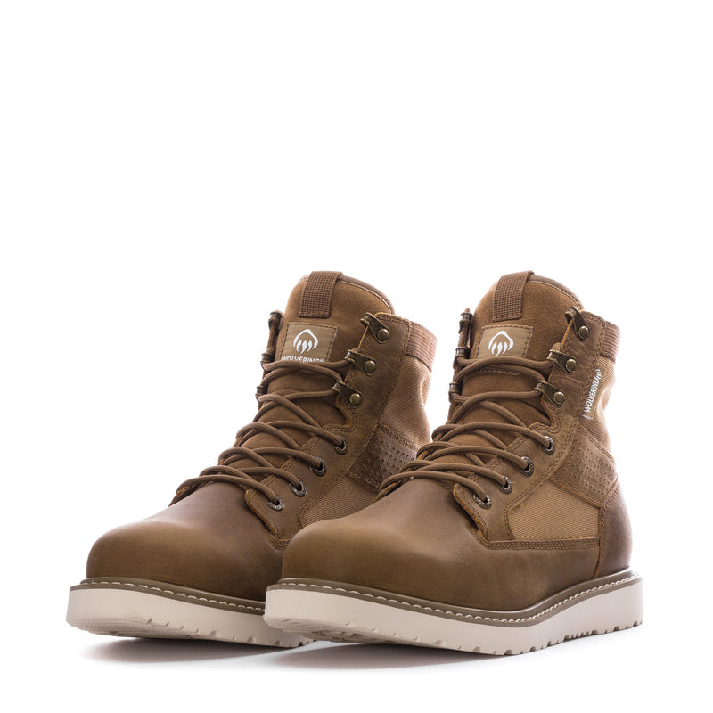 Pair of men's coyote composite-toe lace-up boots with padded tongue and collar