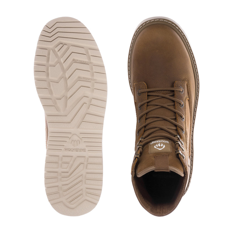 Men's coyote composite-toe boot showing outsole tread and side profile