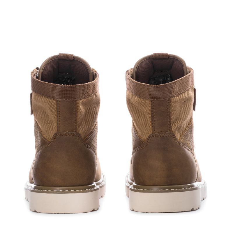 Men's coyote composite-toe work boots, rear view with padded collar and pull tab