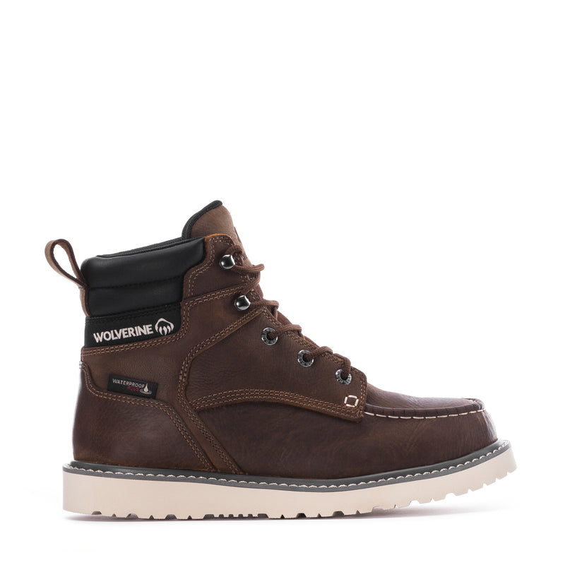 Dark brown lace-up wedge moc-toe boots with Wolverine logo patch and rubber outsole