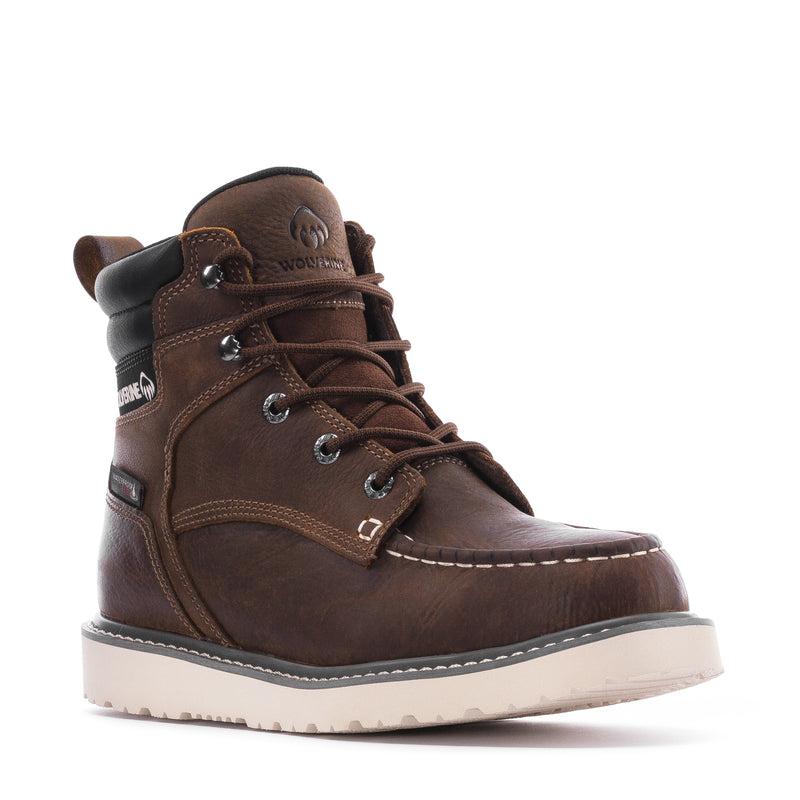 Men's dark brown lace-up wedge moc-toe boots, padded collar, rubber outsole