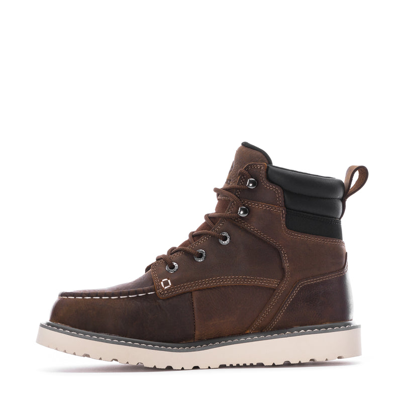 Dark brown lace-up wedge moc-toe boots with padded black ankle panel and rubber outsole