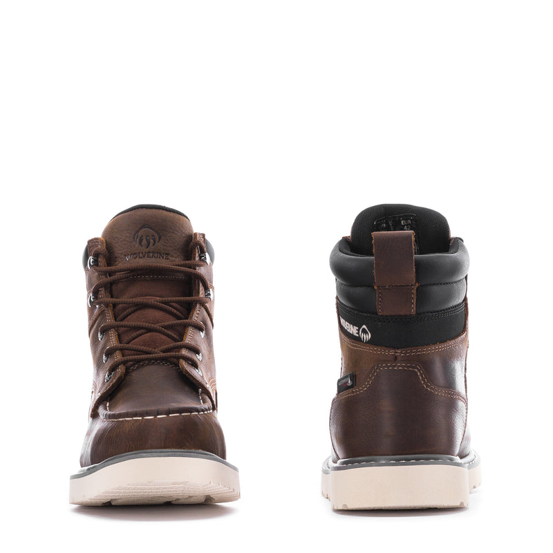 Pair of dark brown lace-up wedge moc-toe boots with black heel collar and rubber outsole