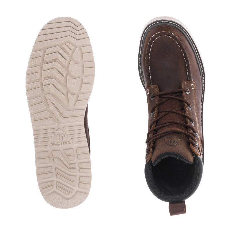 Wedge moc-toe boot outsole and toe interior view, dark brown leather, lace-up