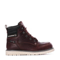 Men's reddish-brown moc-toe wedge lace-up boot with black side panel and cushioned collar