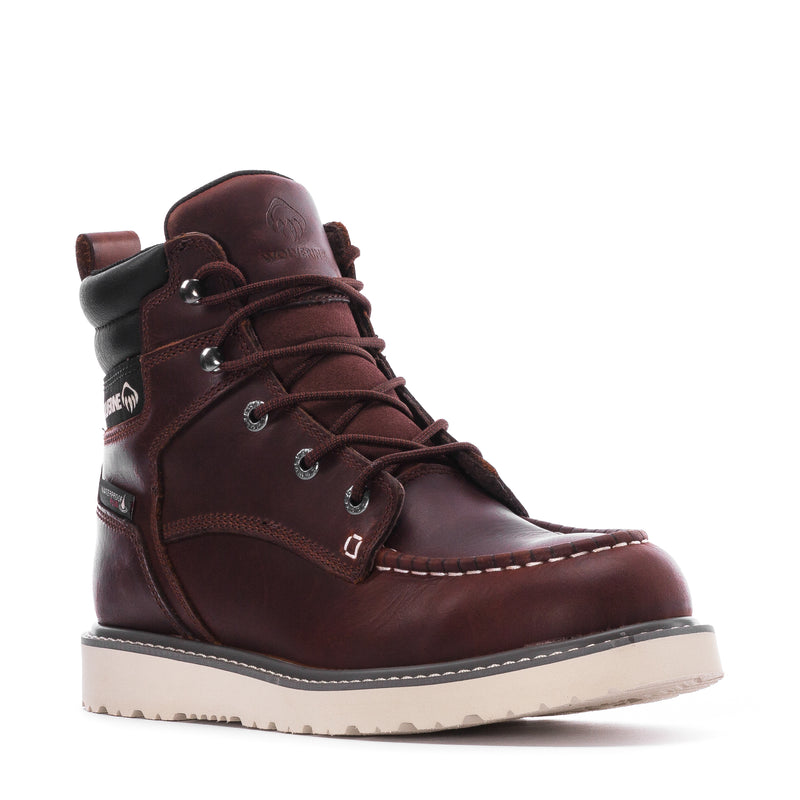 Men's reddish-brown moc-toe wedge lace-up boot, black collar lining, thick sole