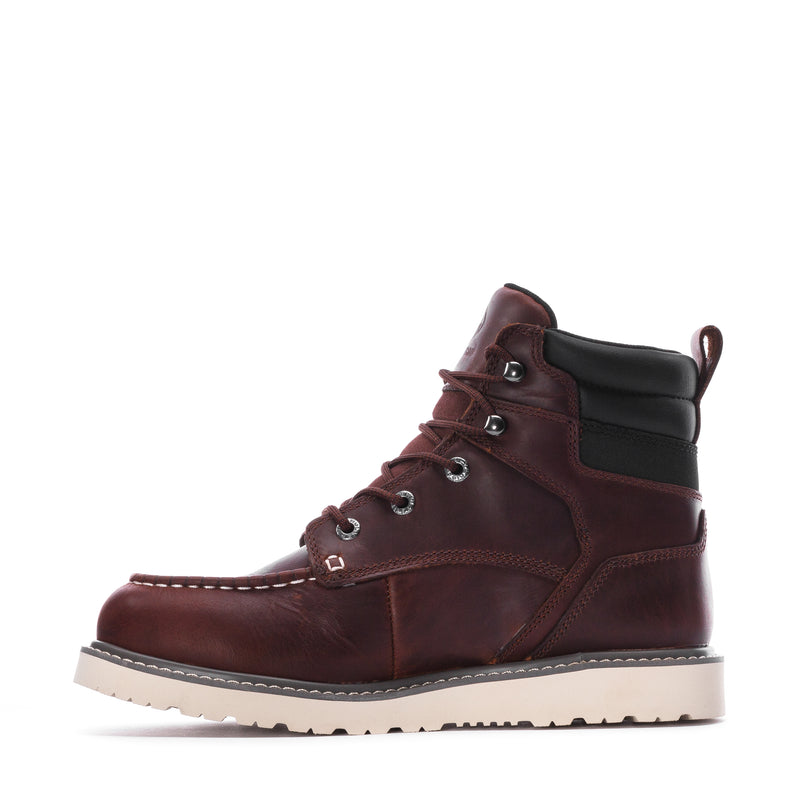 Men's reddish-brown moc-toe wedge lace-up boot with black ankle patch and contrast stitching