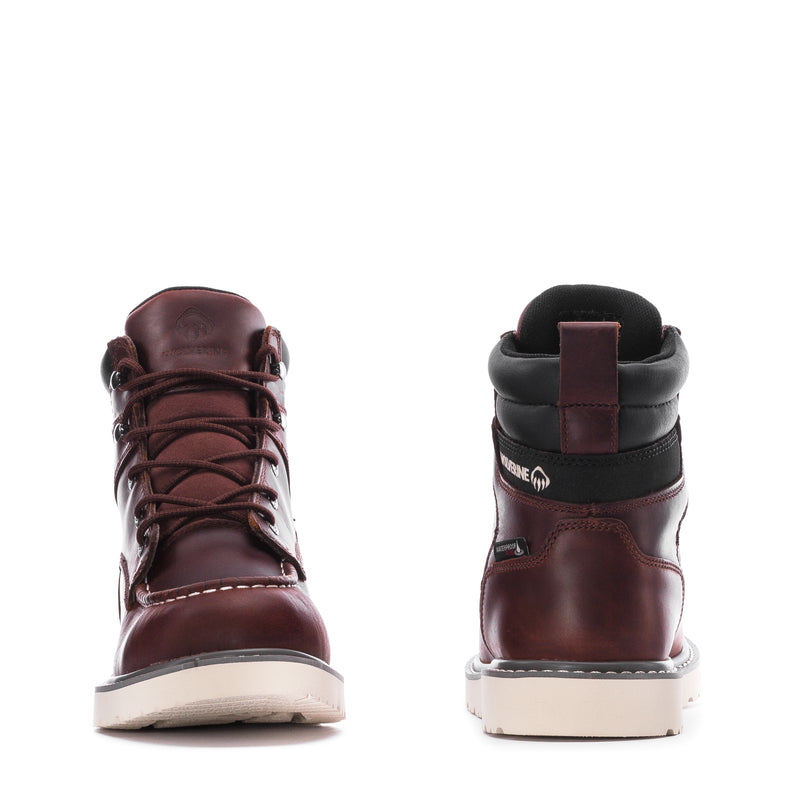 Men's reddish-brown moc-toe wedge lace-up boot, rear and front views, padded collar