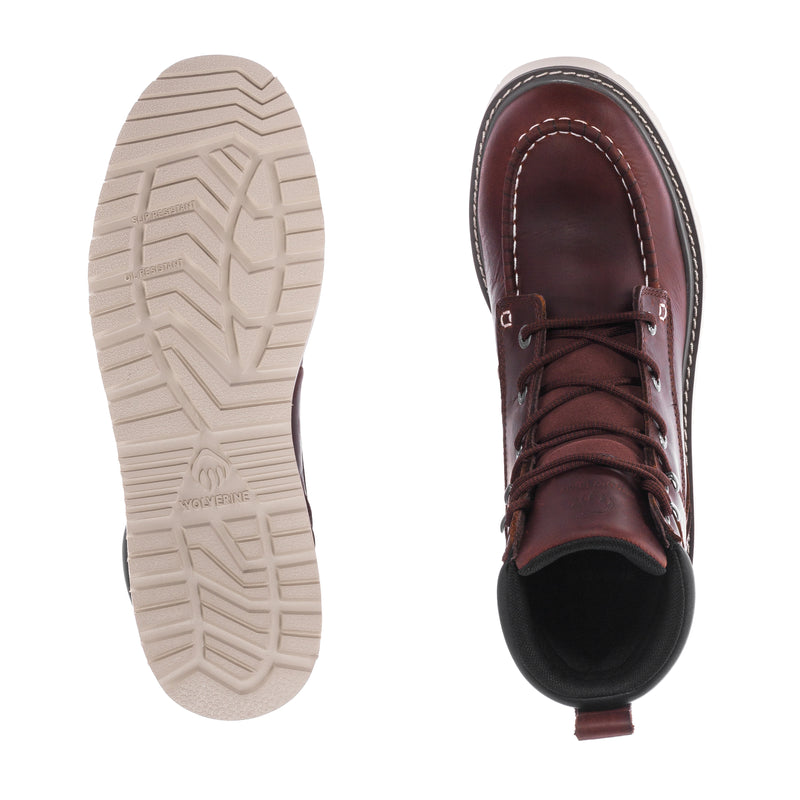 Men's boot outsole and interior view; reddish-brown upper with black lining