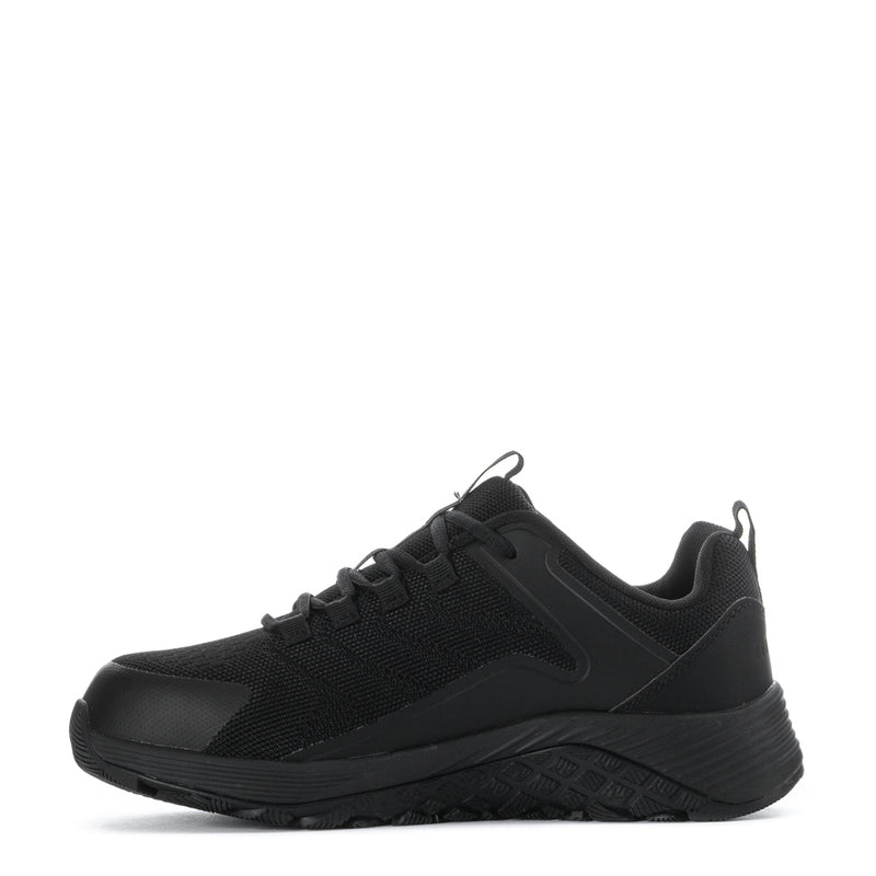 Men's black lace-up work shoe with side overlay and textured rubber sole