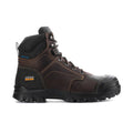 Men's 6-inch steel toe work boot, dark brown leather with black accents and lace-up
