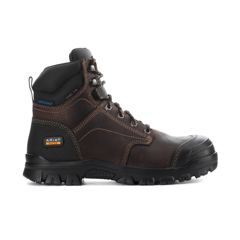 Men's 6-inch steel toe work boot, dark brown leather with black accents and lace-up