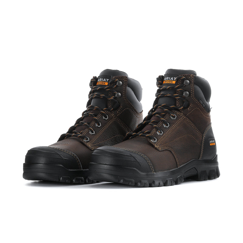 Men's steel toe work boots, dark brown leather lace-up pair with thick black soles