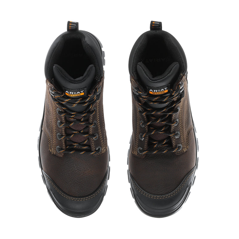 Men's steel toe work boot, dark brown leather with black padded collar and laces