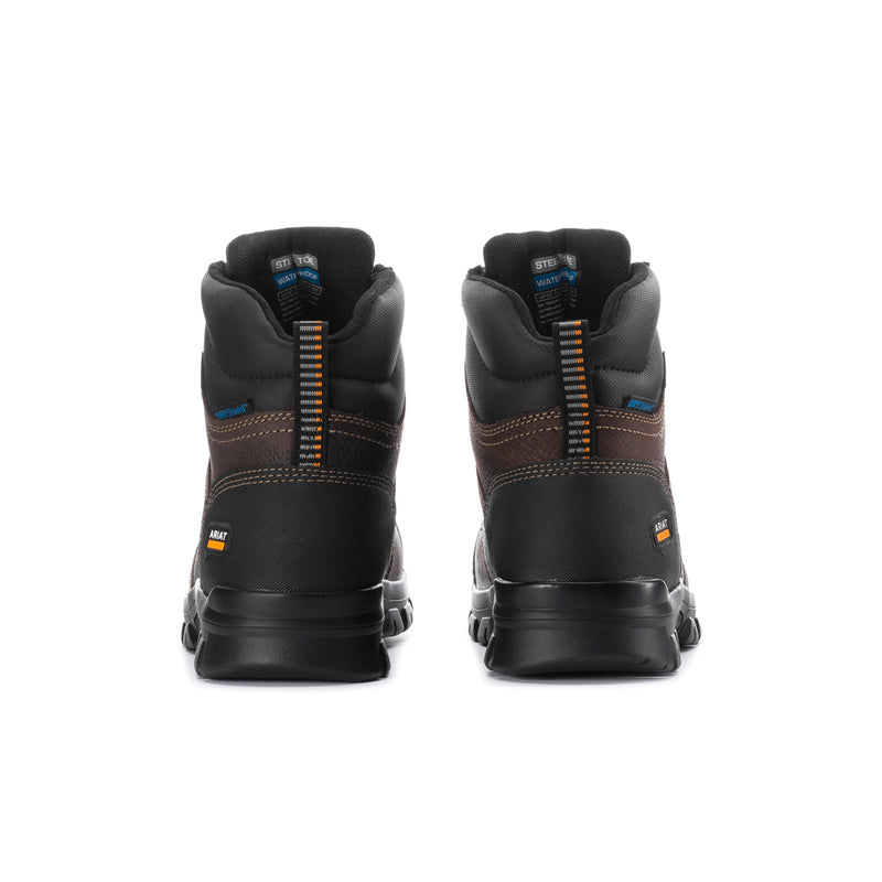 Men's steel toe work boot, back view with black heel pull tab and lace-up detail