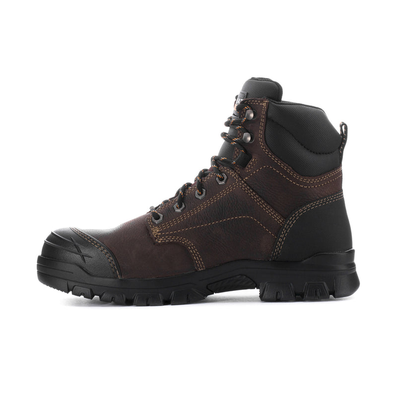 Men's steel toe work boot profile, dark brown leather upper with black toe cap