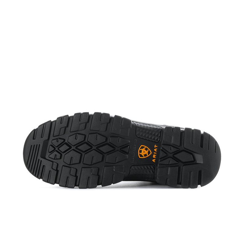 Steel toe work boot outsole, black rugged tread and rubber traction pattern