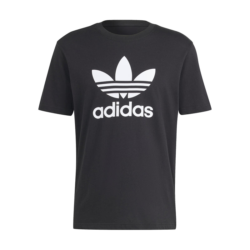 Men's black T-shirt with white adidas trefoil logo graphic, crew neck
