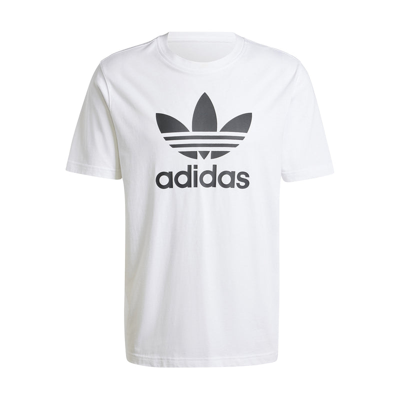 Men's white crewneck graphic T-shirt with adidas trefoil logo at chest