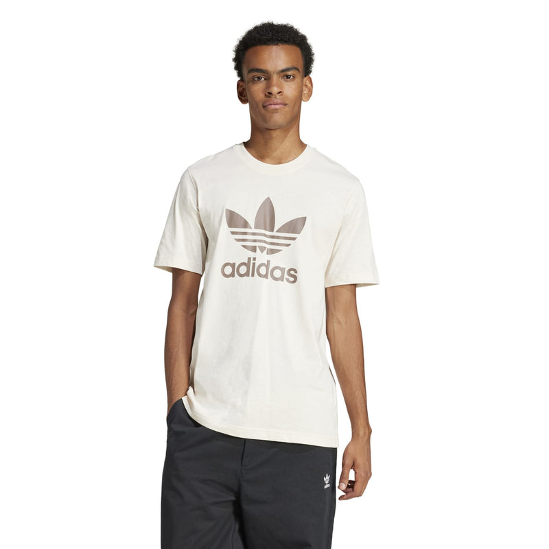Men's white crew-neck T-shirt with adidas Trefoil logo at the chest