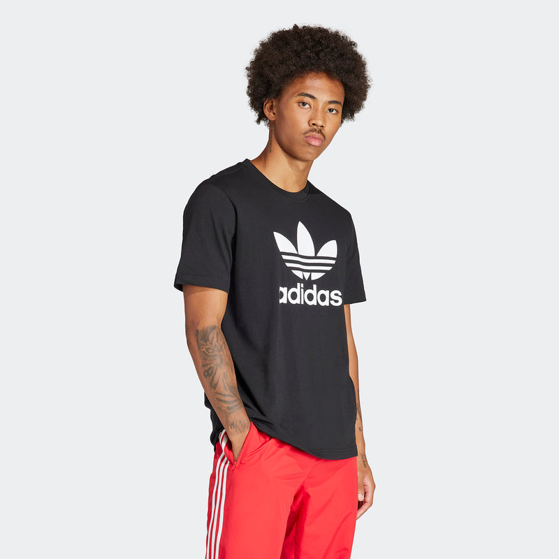 Men's black crew-neck T-shirt with white adidas trefoil logo, short sleeves