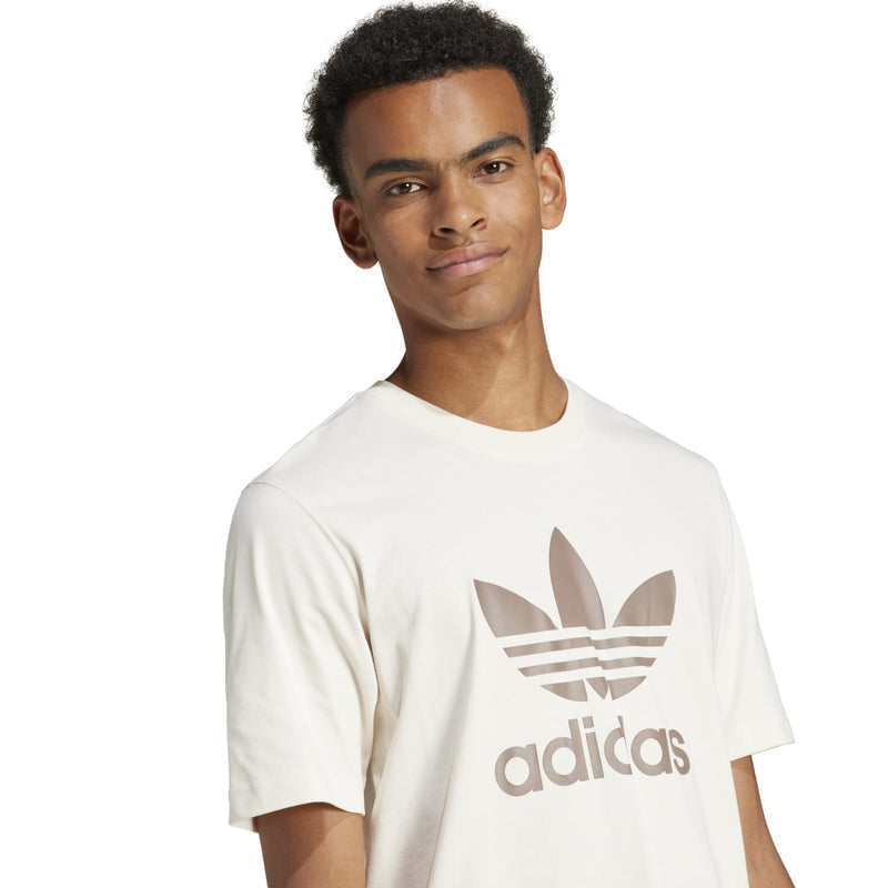 White crew-neck short-sleeve T-shirt with large Trefoil logo and adidas wordmark