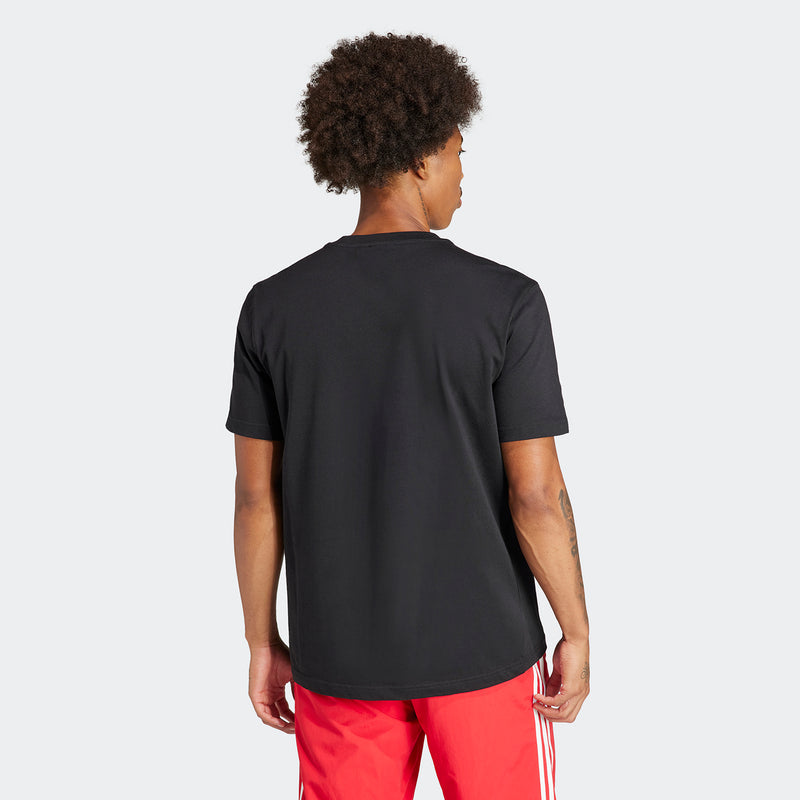 Men's black T-shirt, plain back view with curved hem and short sleeves