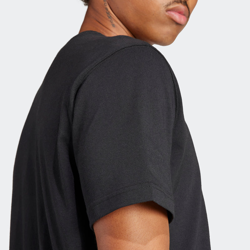 Men's black T-shirt side view, short sleeves and stitched crew neckline