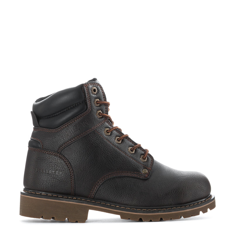 Mens brown leather lace-up work boot side view with thick tread sole