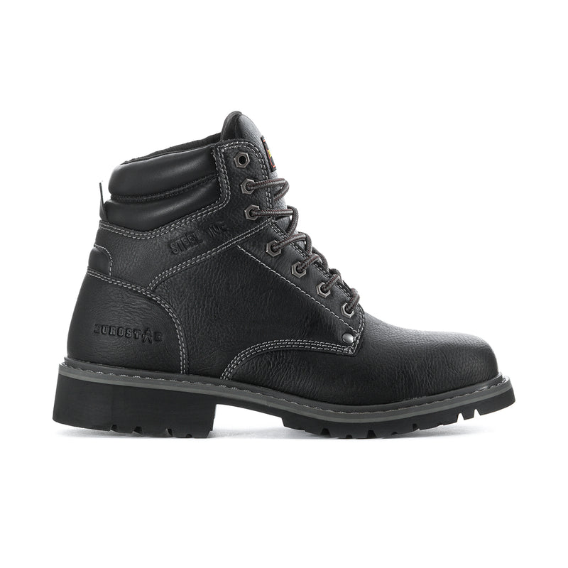 Black lace-up work boot with padded collar and side stitching
