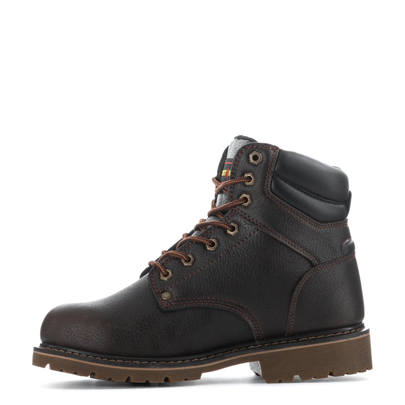 Mens brown leather steel-toe work boot with lace-up front and padded collar
