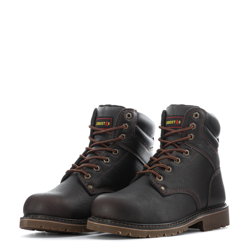 Mens brown leather lace-up work boots pair, rounded toe and rugged rubber sole