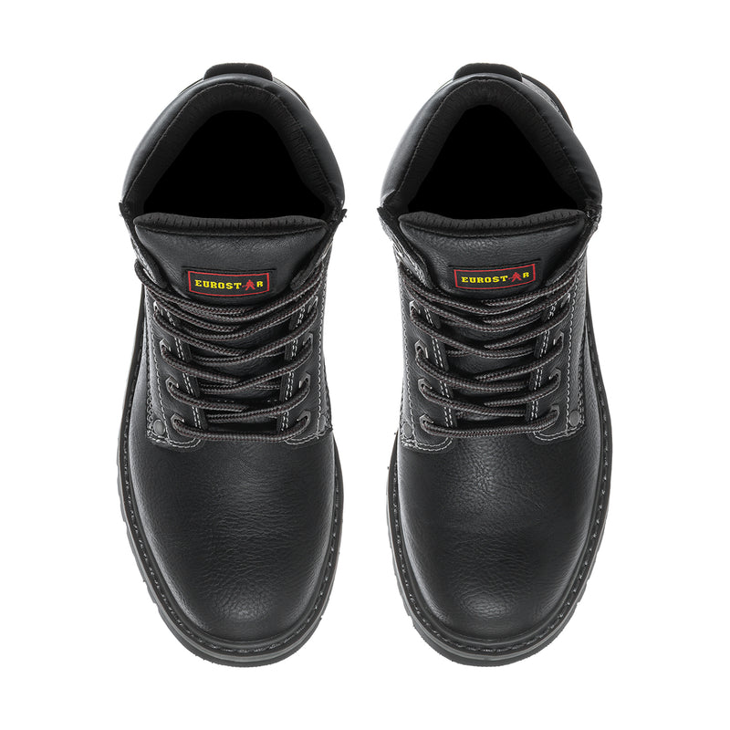 Black work boots showing lace panel and padded tongue lining with logo