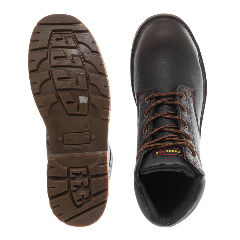 Mens brown boot outsole and inner view; lace-up upper with padded black interior