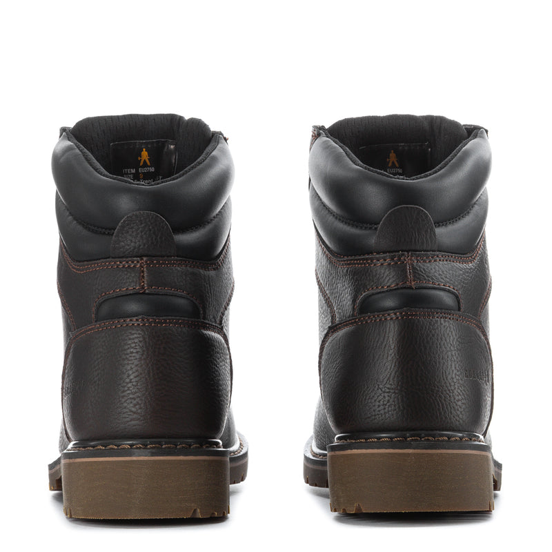 Mens brown leather work boot rear view with cushioned collar and block rubber heel