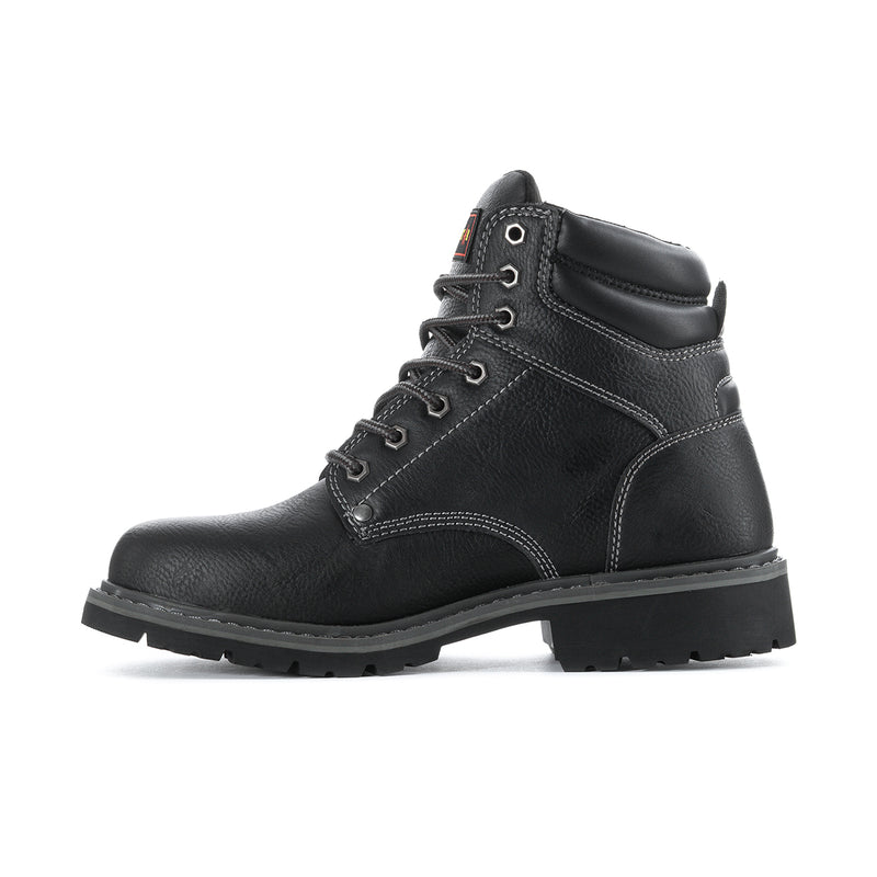 Black lace-up work boot angled side view with metal eyelets and stitched panels