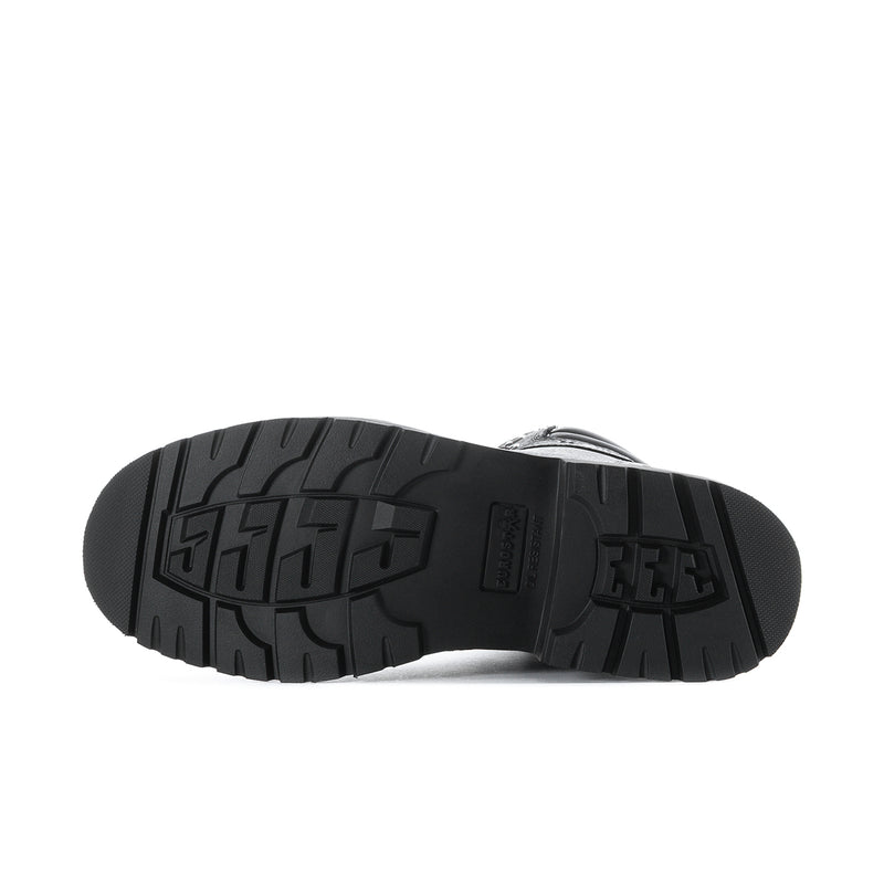 Black rubber outsole with deep tread pattern and embossed grip logo