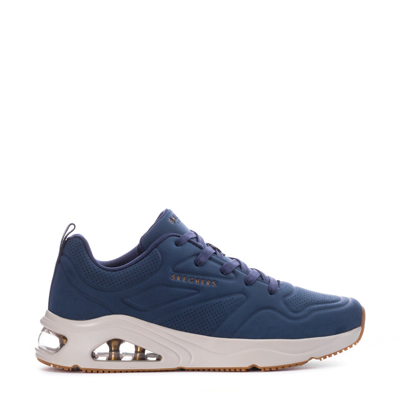 Skechers men's navy lace-up sneakers with white midsole and visible air cushioning