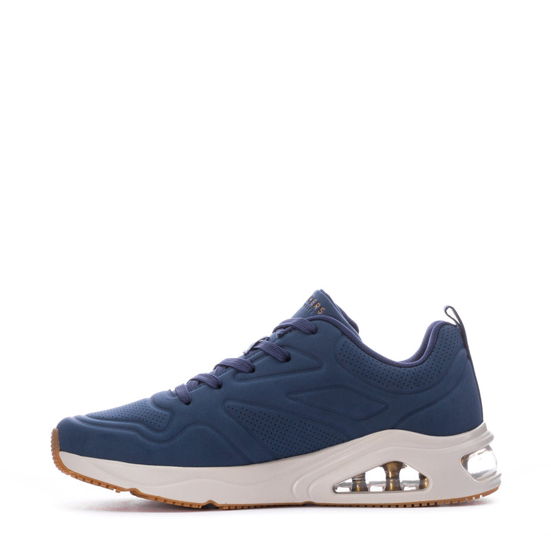 Skechers men's navy lace-up sneakers with white midsole and tan rubber outsole