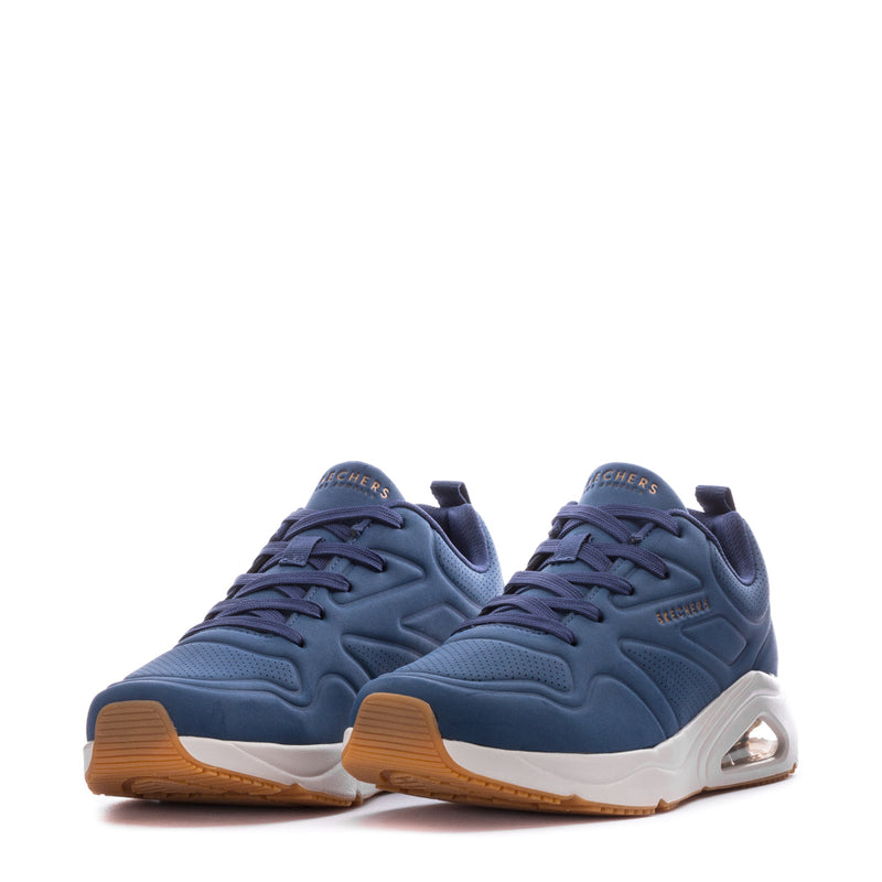 Pair of Skechers men's navy lace-up sneakers with brown tread and white sole