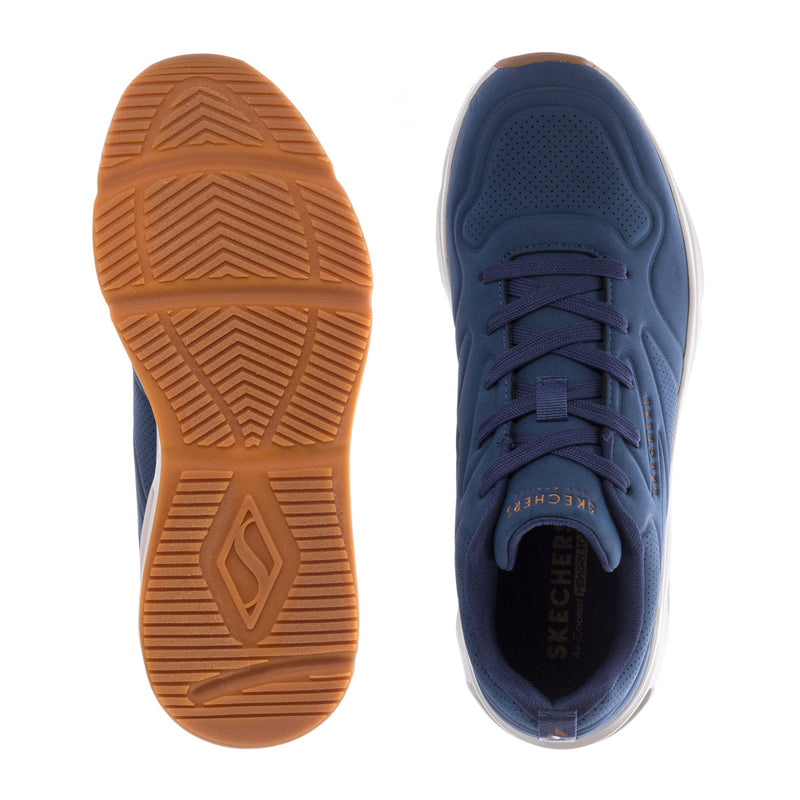 Skechers men's navy sneaker outsole and heel cup with brown tread