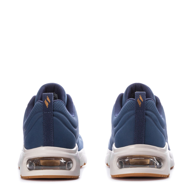 Skechers men's navy sneakers heel view with white midsole and air cushioning