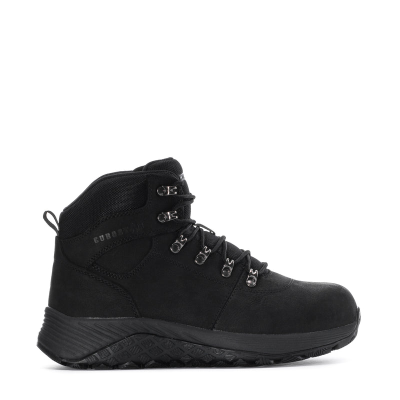Black men’s composite-toe lace-up work boot with padded collar and rugged tread sole