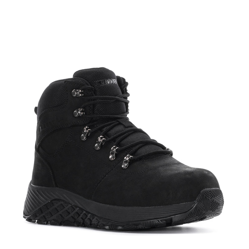 Black lace-up safety boot with metal eyelets, textured midsole, and traction tread