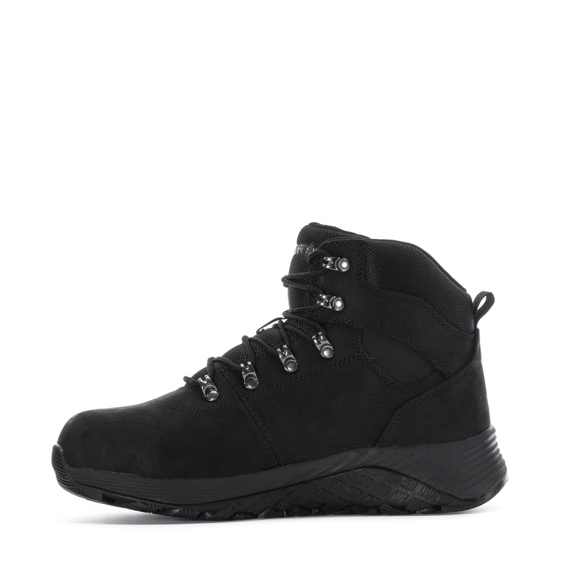 Black lace-up work boot with padded ankle and chunky outsole tread